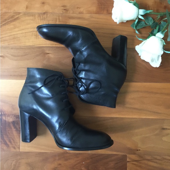 Shiny soft Black real Leather high ankle boots round toe tie-up laces Eu41 US 10 - Picture 13 of 14